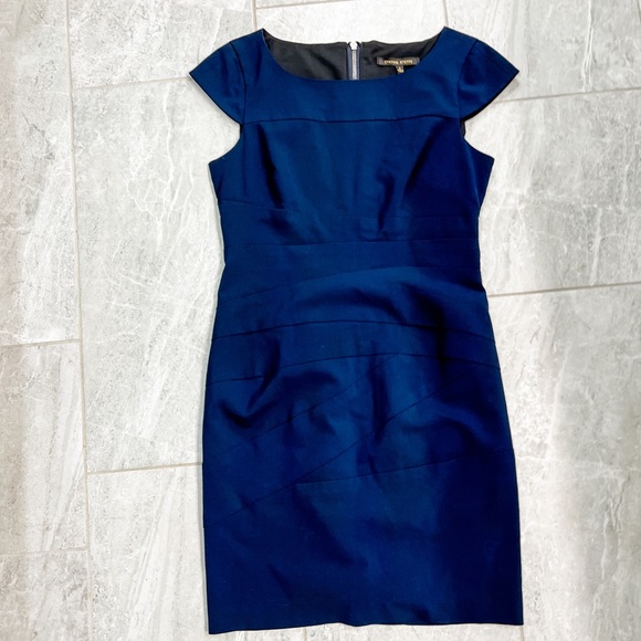 Cynthia Steffe Navy Cap Sleeve Asymmetrical Design Sheath Dress Size 8 - Picture 3 of 7